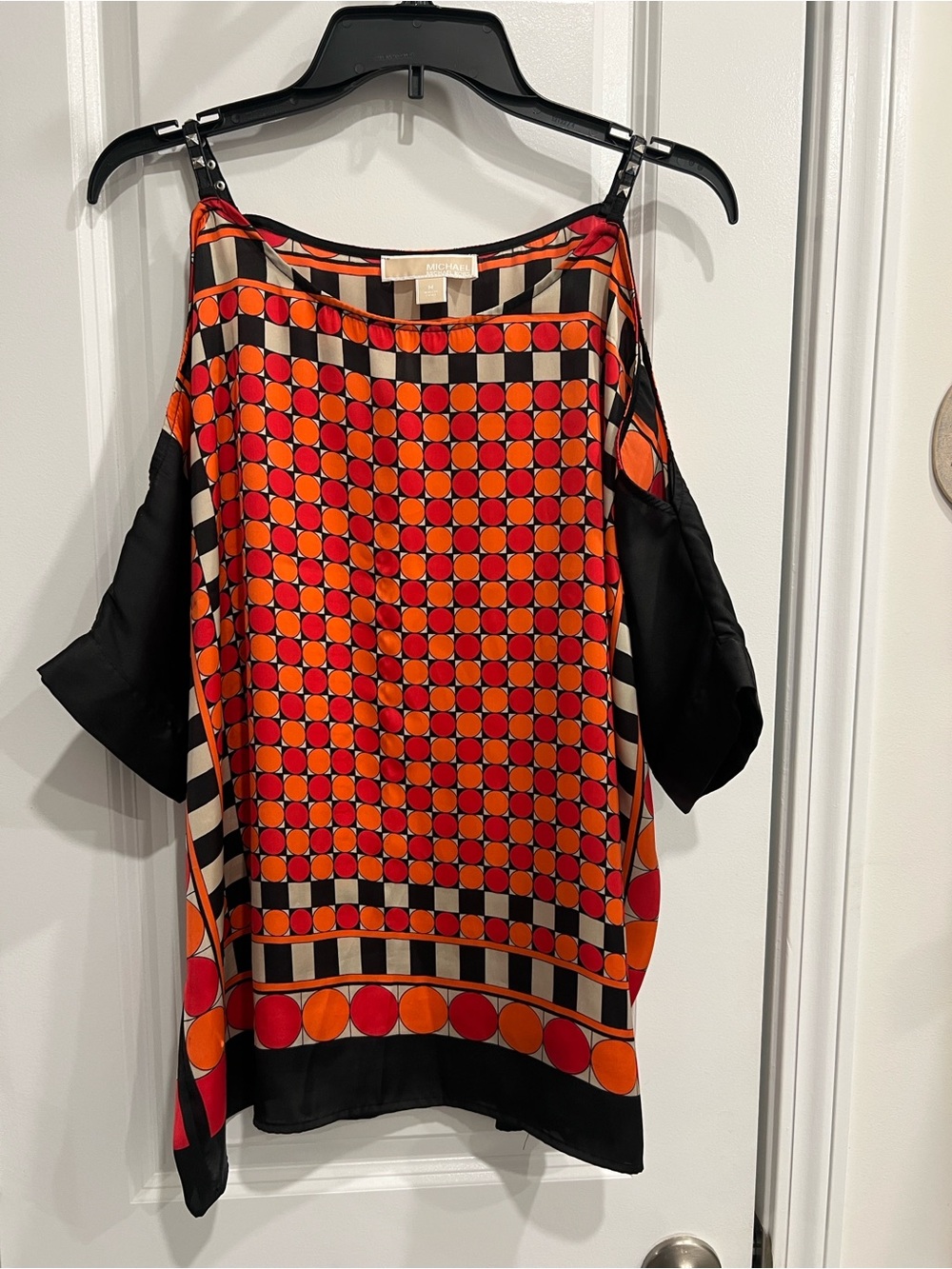Michael Kors Black Cold-Shoulder Blouse with Red and Orange Dot Print